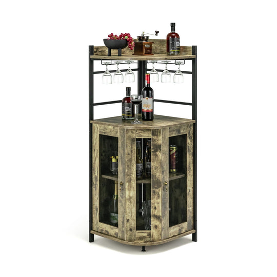 Corner Bar Cabinet with Glass Holder and Adjustable Shelf