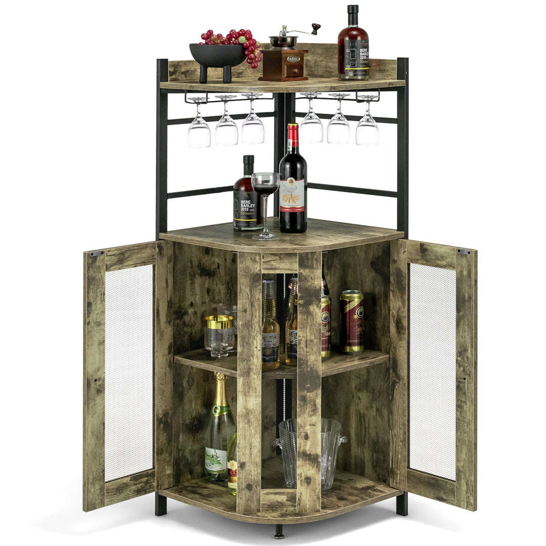Corner Bar Cabinet with Glass Holder and Adjustable Shelf