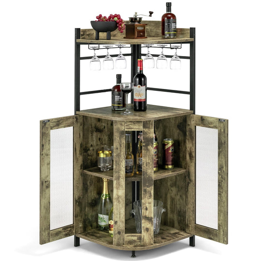 Corner Bar Cabinet with Glass Holder and Adjustable Shelf