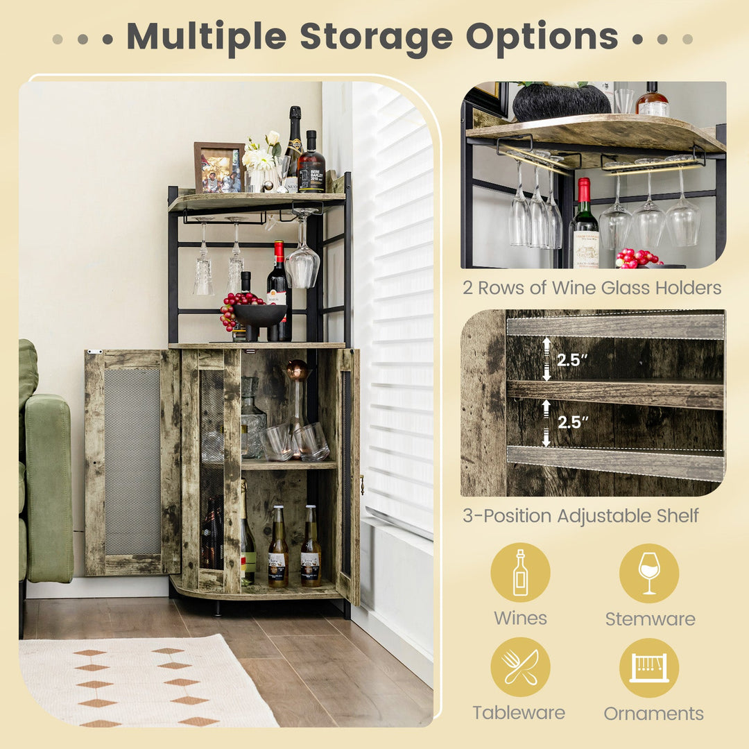 Corner Bar Cabinet with Glass Holder and Adjustable Shelf