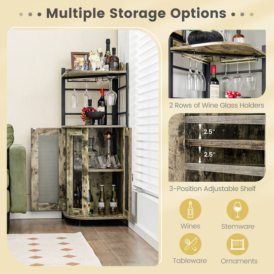Corner Bar Cabinet with Glass Holder and Adjustable Shelf