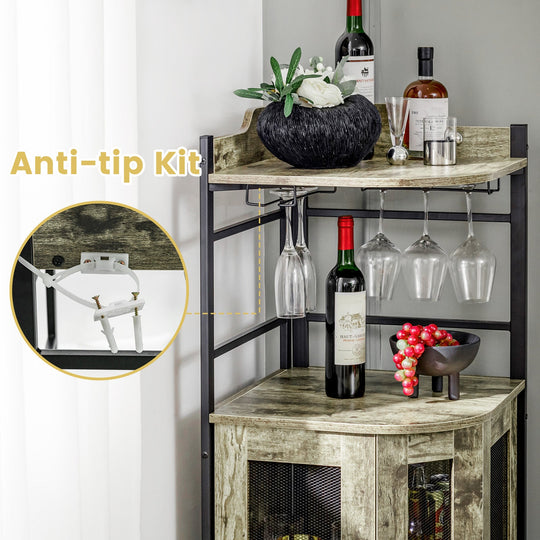 Corner Bar Cabinet with Glass Holder and Adjustable Shelf