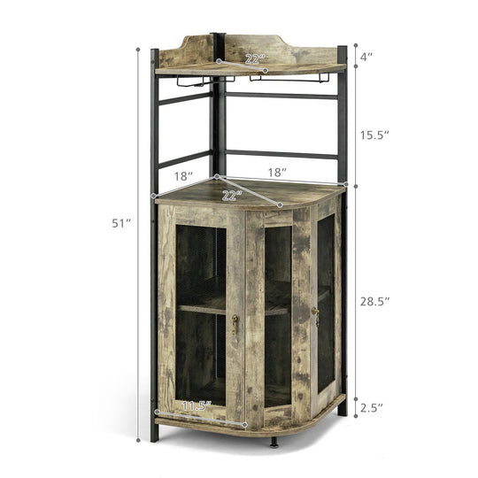 Corner Bar Cabinet with Glass Holder and Adjustable Shelf
