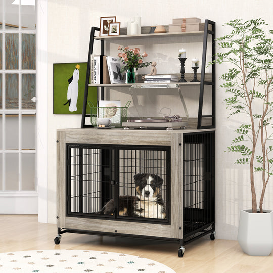 Industrial Dog Kennel Dog Crate Furniture with Storage Shelves-Gray
