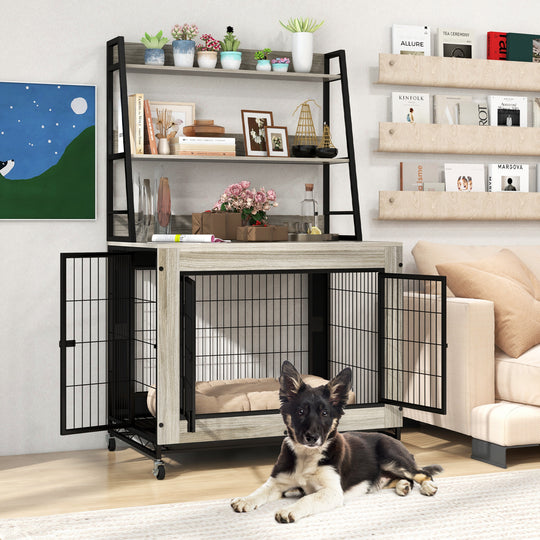 Industrial Dog Kennel Dog Crate Furniture with Storage Shelves-Gray