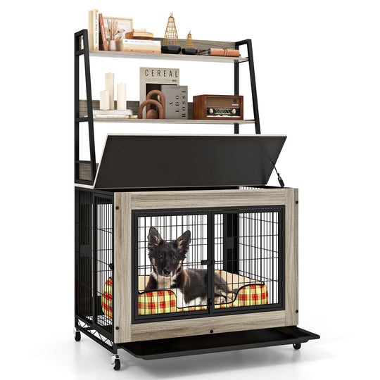 Industrial Dog Kennel Dog Crate Furniture with Storage Shelves-Gray