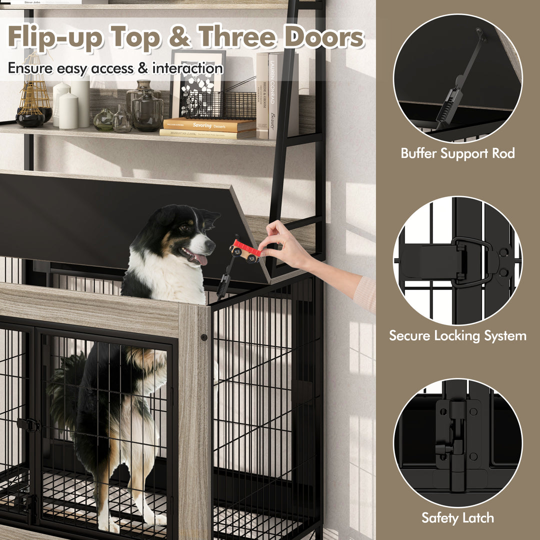 Industrial Dog Kennel Dog Crate Furniture with Storage Shelves-Gray