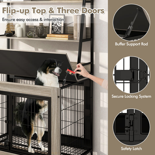 Industrial Dog Kennel Dog Crate Furniture with Storage Shelves-Gray