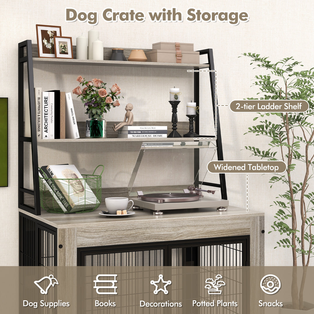Industrial Dog Kennel Dog Crate Furniture with Storage Shelves-Gray