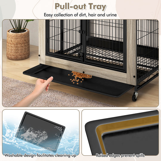Industrial Dog Kennel Dog Crate Furniture with Storage Shelves-Gray