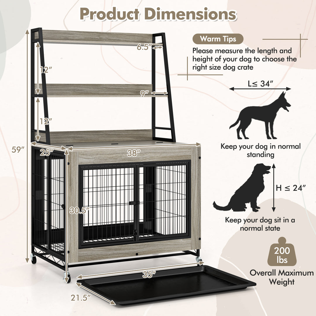 Industrial Dog Kennel Dog Crate Furniture with Storage Shelves-Gray