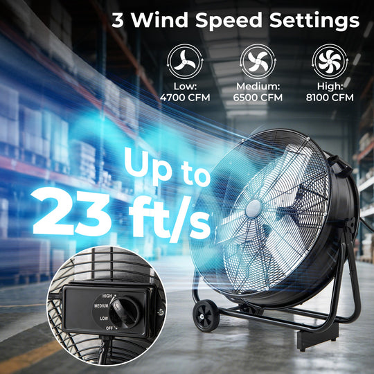 Industrial Drum Fan with 2 Wheels and 360-Degree Adjustable Tilt-Black