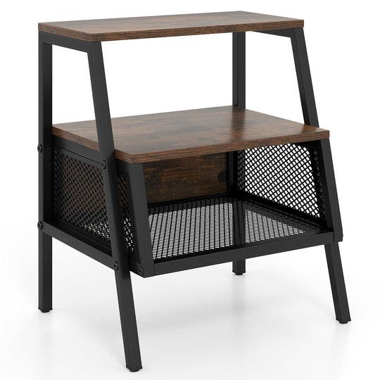 Industrial Nightstand 3-Tier End Table with 2 Open Shelves and Metal Mesh Compartment-Rustic Brown