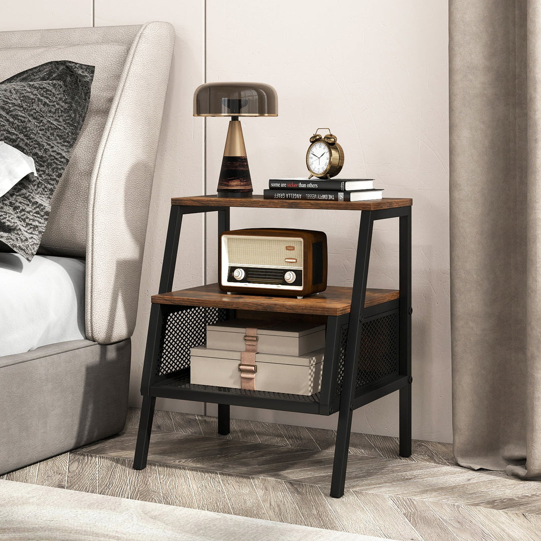 Industrial Nightstand 3-Tier End Table Set of 2 with 2 Open Shelves and Metal Mesh Compartment-Rustic Brown