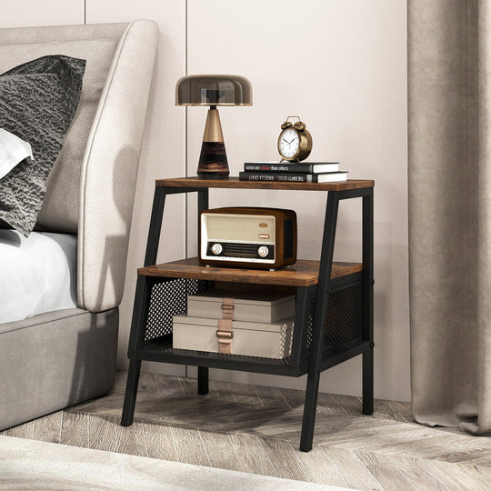 Industrial Nightstand 3-Tier End Table Set of 2 with 2 Open Shelves and Metal Mesh Compartment-Rustic Brown