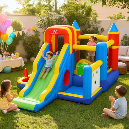 Inflatable Bounce House with Slide and Basketball Hoop