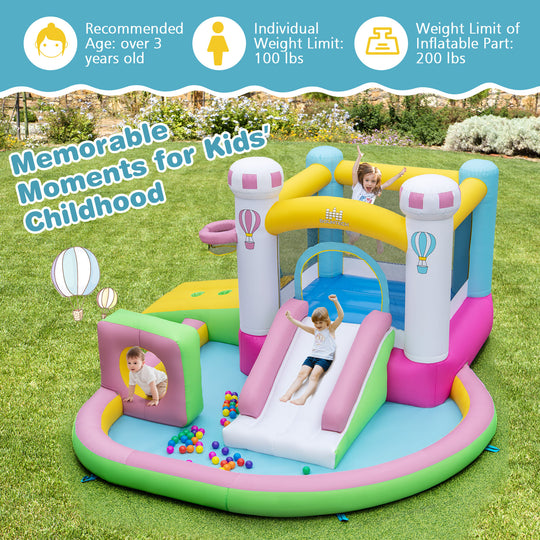 Inflatable Bounce House Bouncy Castle with Slide and Obstacle and Ball Pit with 480W Blower