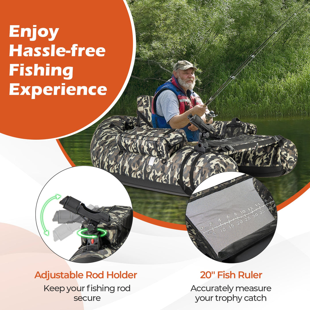 Inflatable Float Tube with Fish Ruler Rod Holder and Storage Pockets-Camouflage
