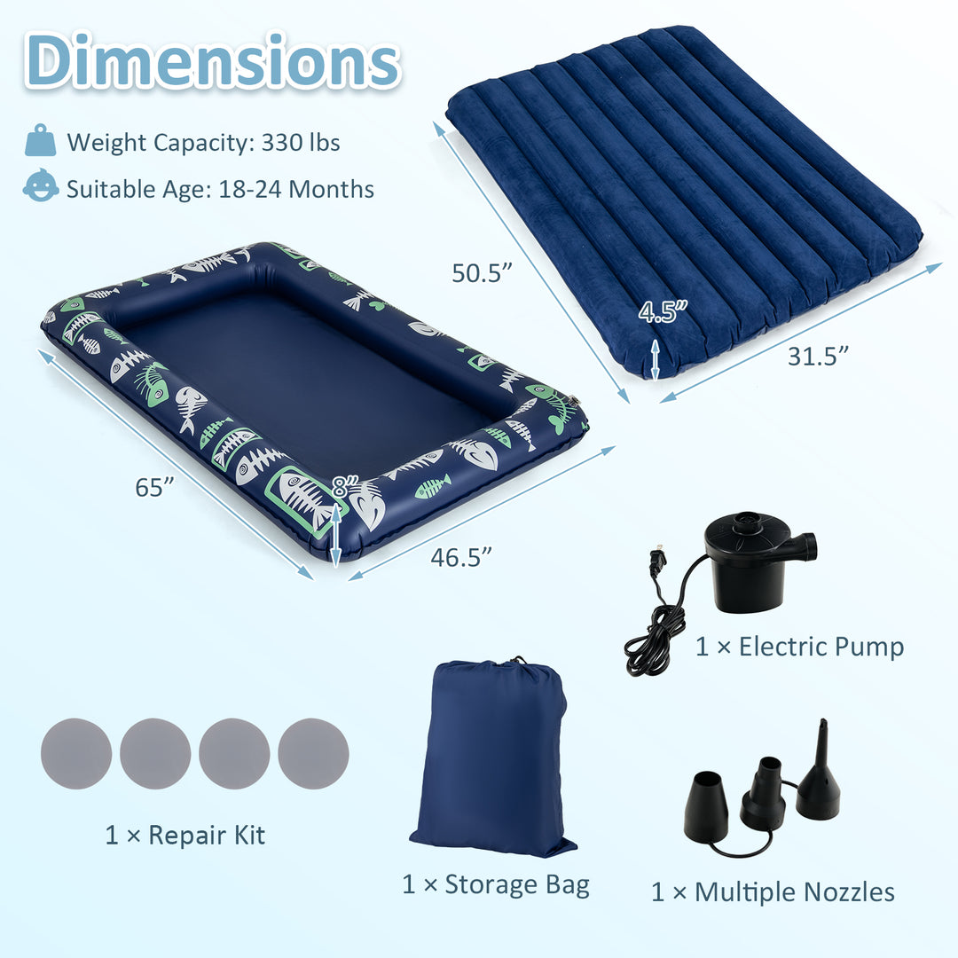 Inflatable Toddler Travel Bed with Electric Pump and Raised Bed Rails-Blue