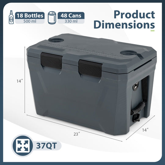 Insulated Portable Cooler Hard Shell Ice Chest with 2 Cup Holders Bottle Opener and Drain Plug