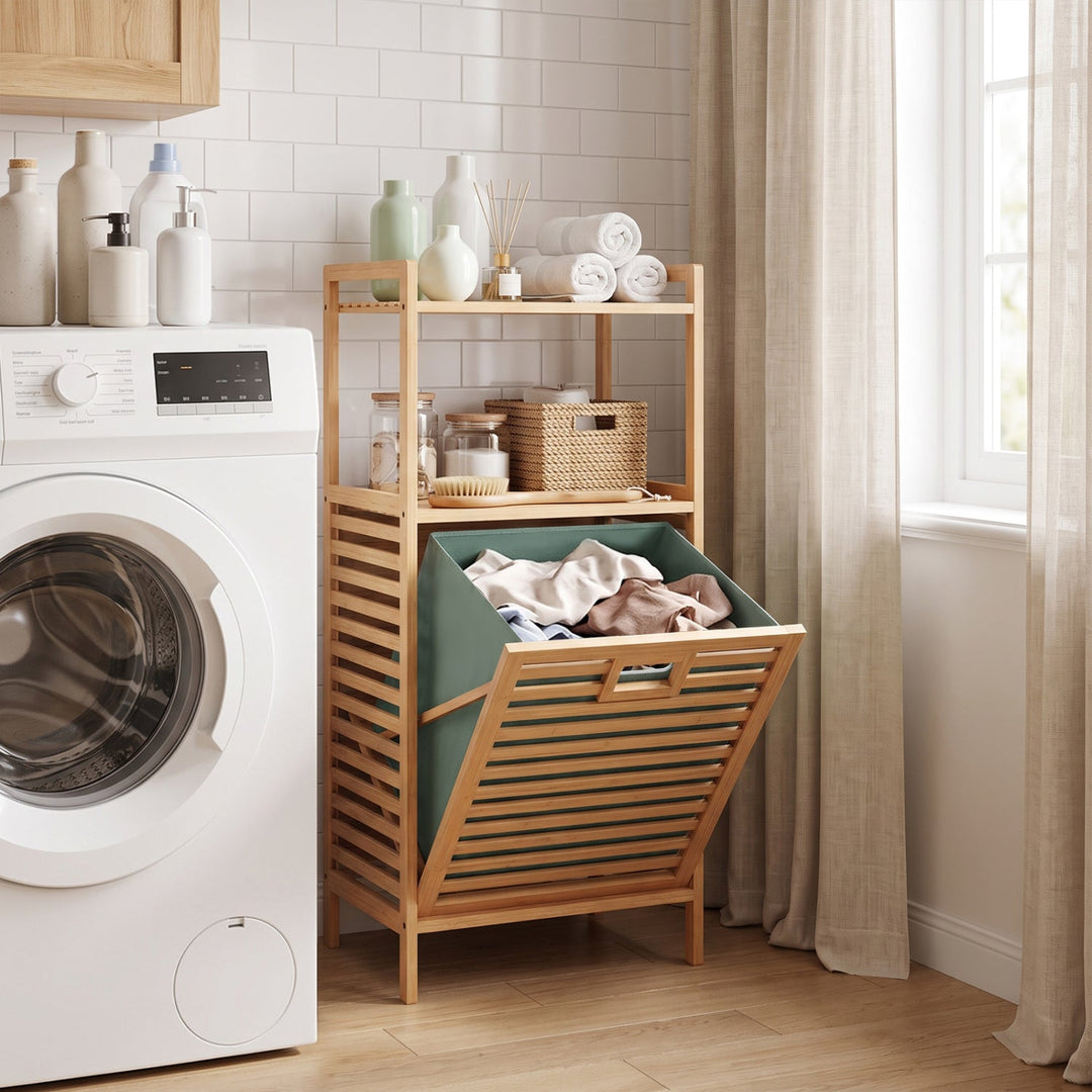 Bamboo Tilt out Laundry Hamper with Foldable and Removable Basket-Natural