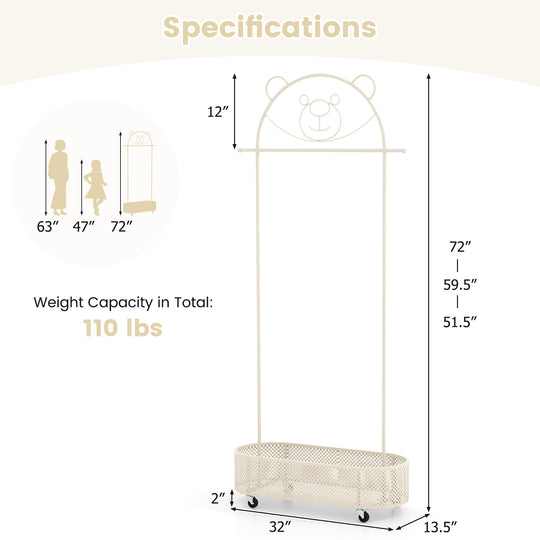 Kid Clothes Rack with 3 Adjustable Heights and Wheels-White