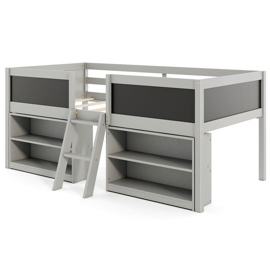 Kid Twin Size Low Loft Bed with Chalkboard Ramp Ladder and Bookcases-Gray