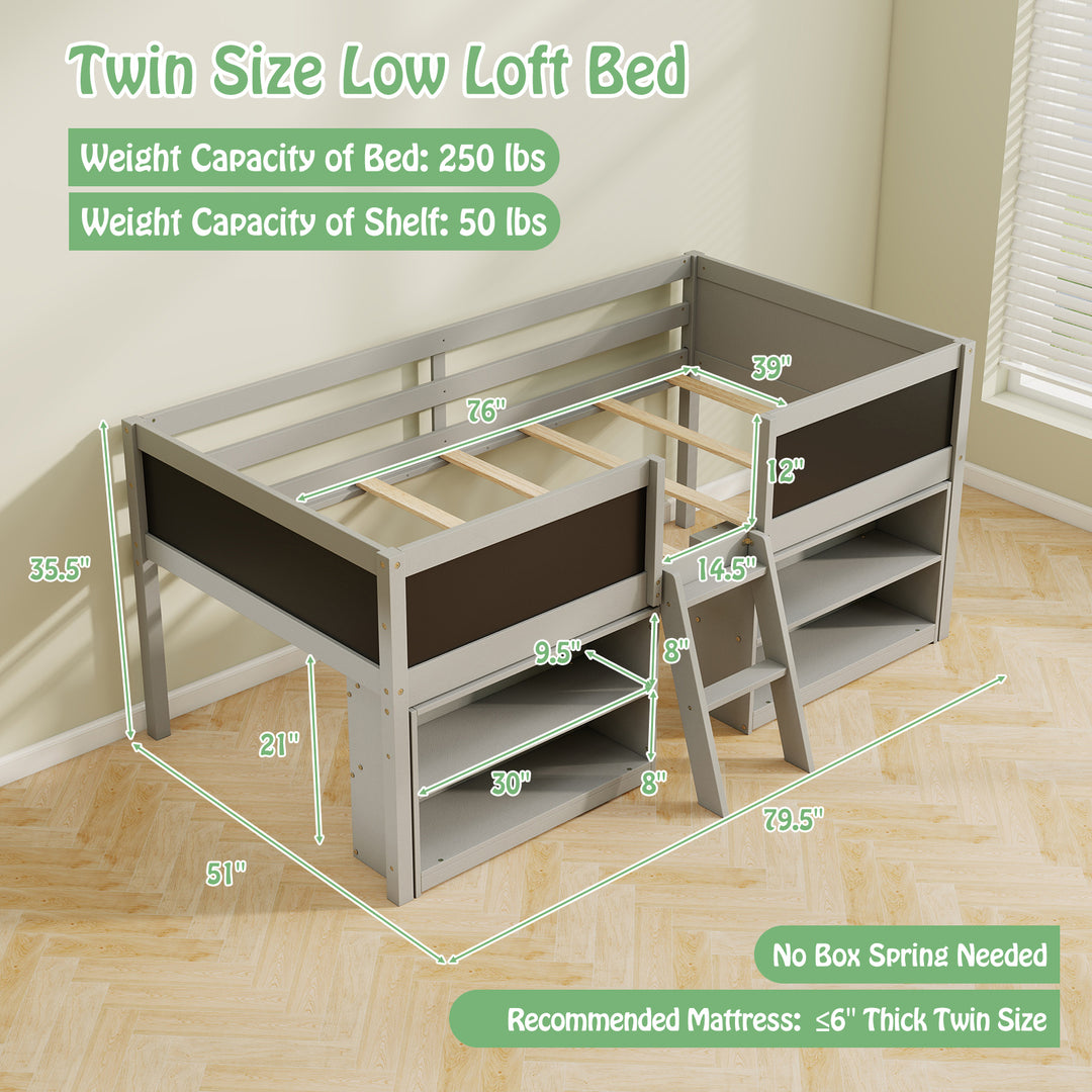 Kid Twin Size Low Loft Bed with Chalkboard Ramp Ladder and Bookcases-Gray