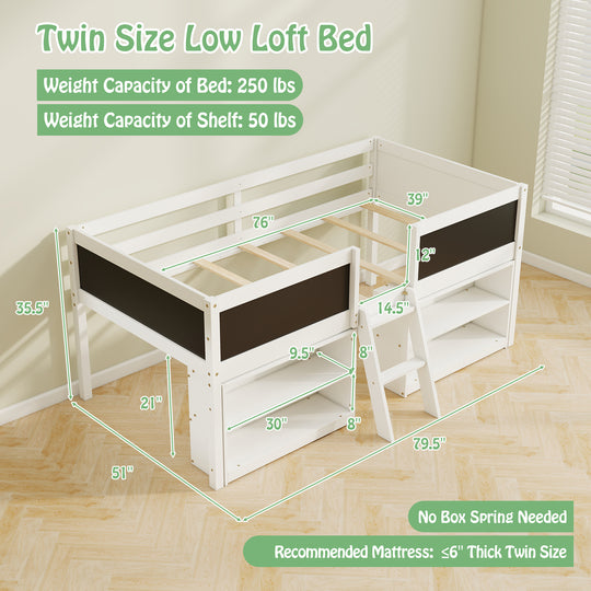 Kid Twin Size Low Loft Bed with Chalkboard Ramp Ladder and Bookcases-White