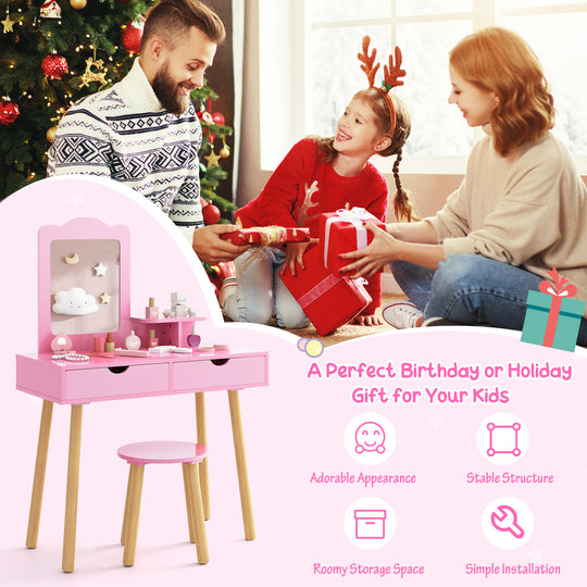 Kid Vanity Table Chair Set with Mirror and 2 Large Storage Drawers-Pink