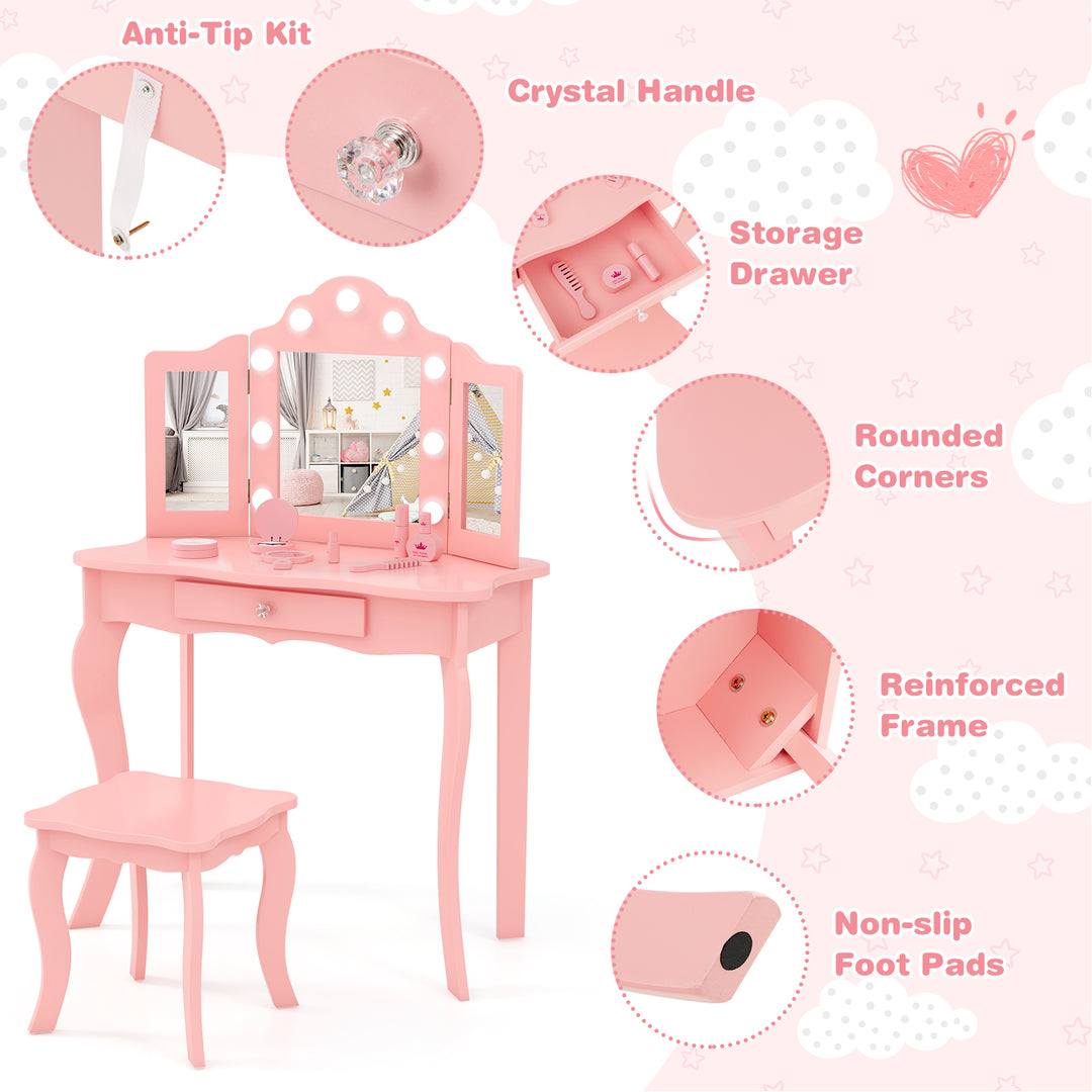 Kid Vanity Table Stool Set with Tri-Folding Mirror and 3-Color LED Lights-Pink