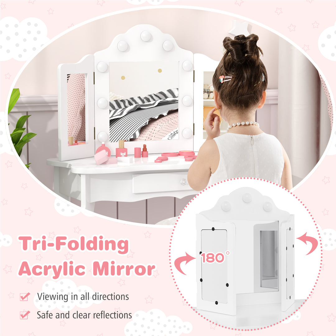 Kid Vanity Table Stool Set with Tri-Folding Mirror and 3-Color LED Lights-White
