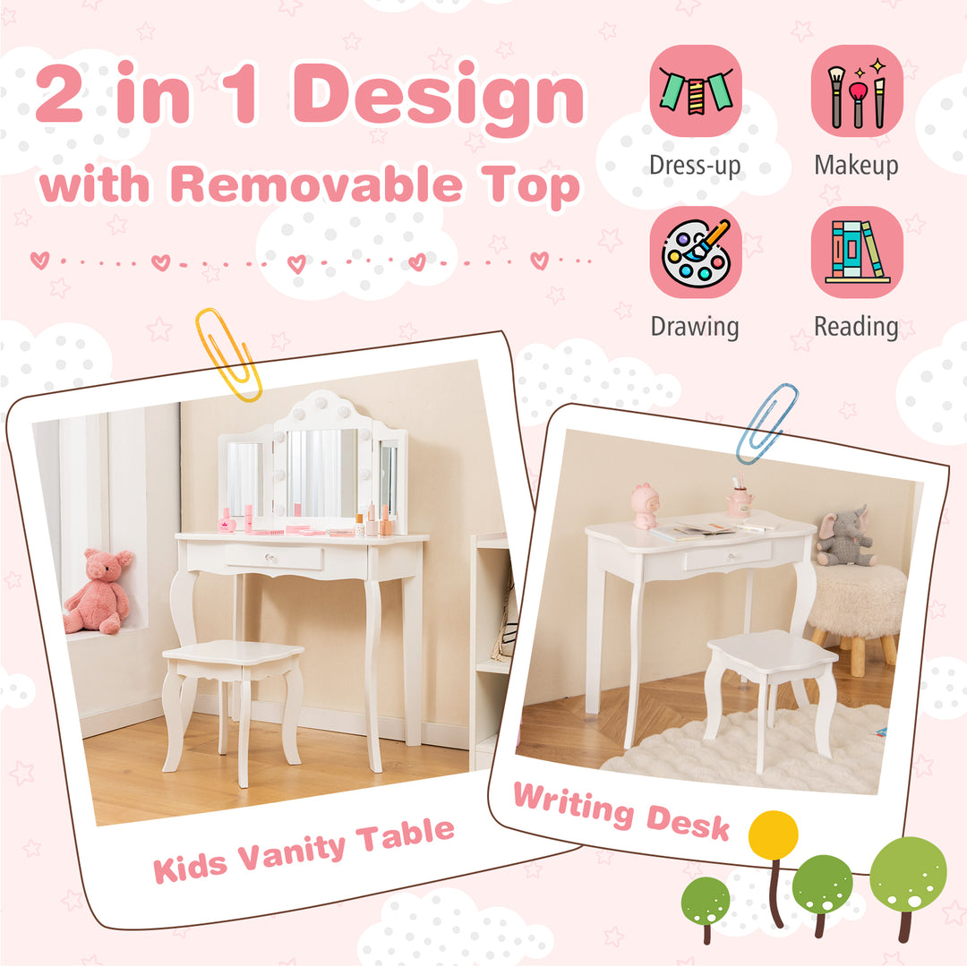 Kid Vanity Table Stool Set with Tri-Folding Mirror and 3-Color LED Lights-White