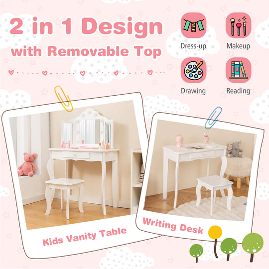 Kid Vanity Table Stool Set with Tri-Folding Mirror and 3-Color LED Lights-White