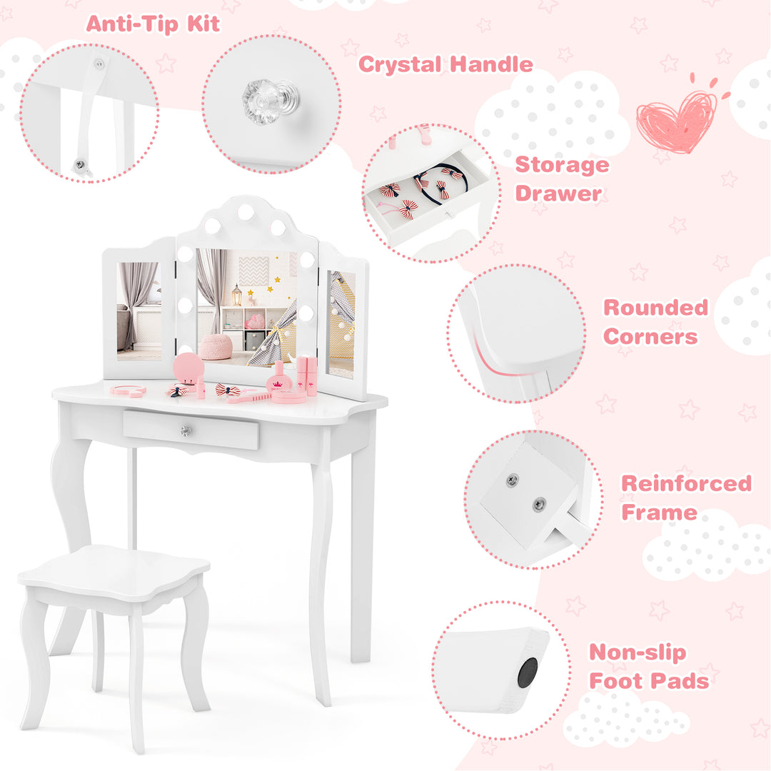 Kid Vanity Table Stool Set with Tri-Folding Mirror and 3-Color LED Lights-White
