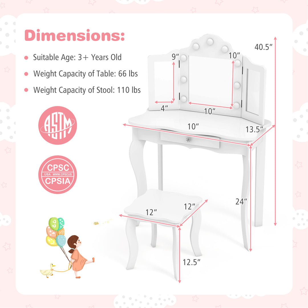 Kid Vanity Table Stool Set with Tri-Folding Mirror and 3-Color LED Lights-White