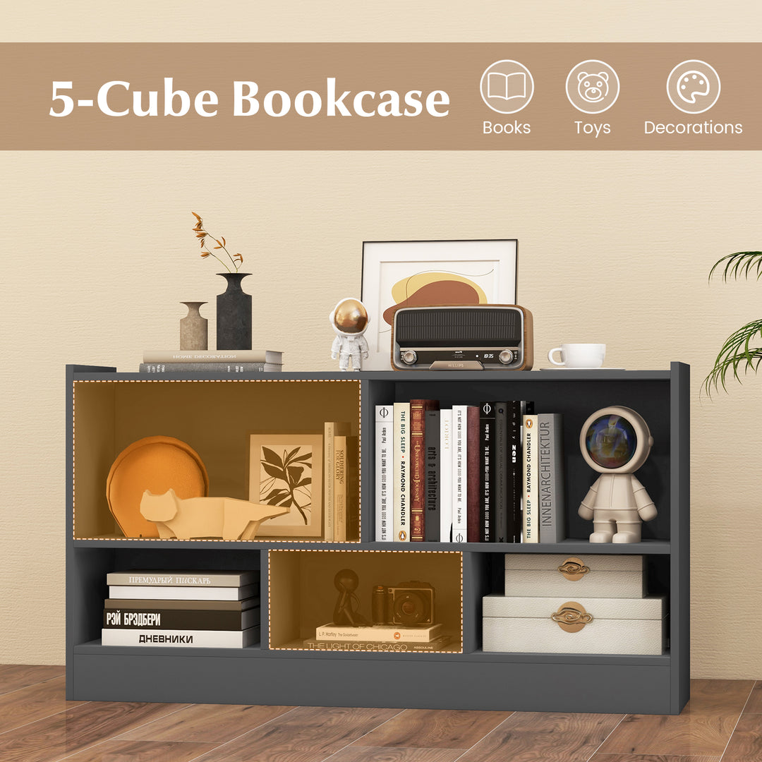 Kids 2-Shelf Bookcase 5-Cube Wood Toy Storage Cabinet Organizer-Gray