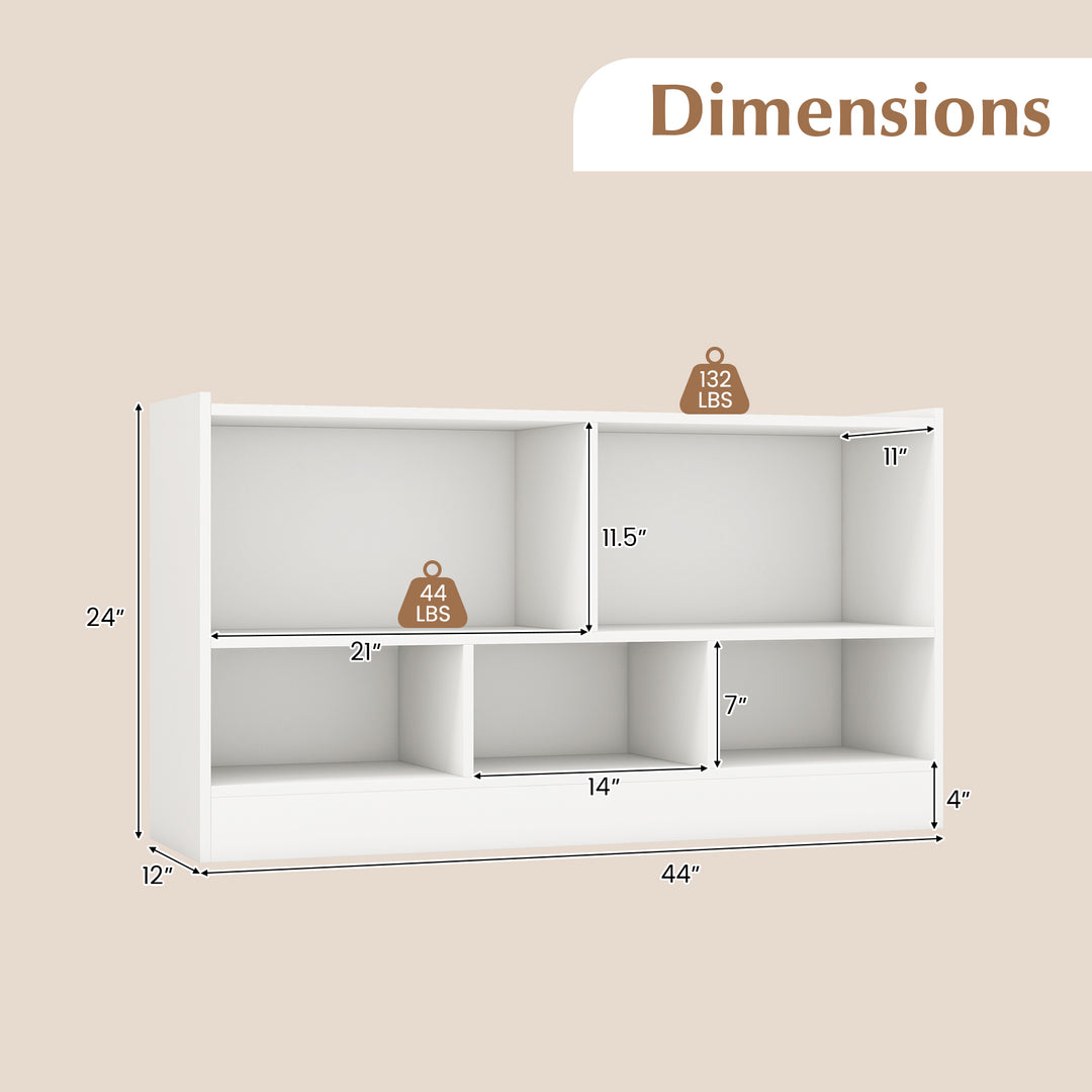 Kids 2-Shelf Bookcase 5-Cube Wood Toy Storage Cabinet Organizer-White
