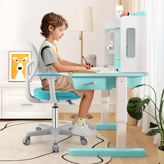 Adjustable Desk Chair with Auto Brake Casters for Kids-Turquoise