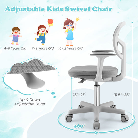 Adjustable Desk Chair with 5 Rolling Casters for Kids-Gray