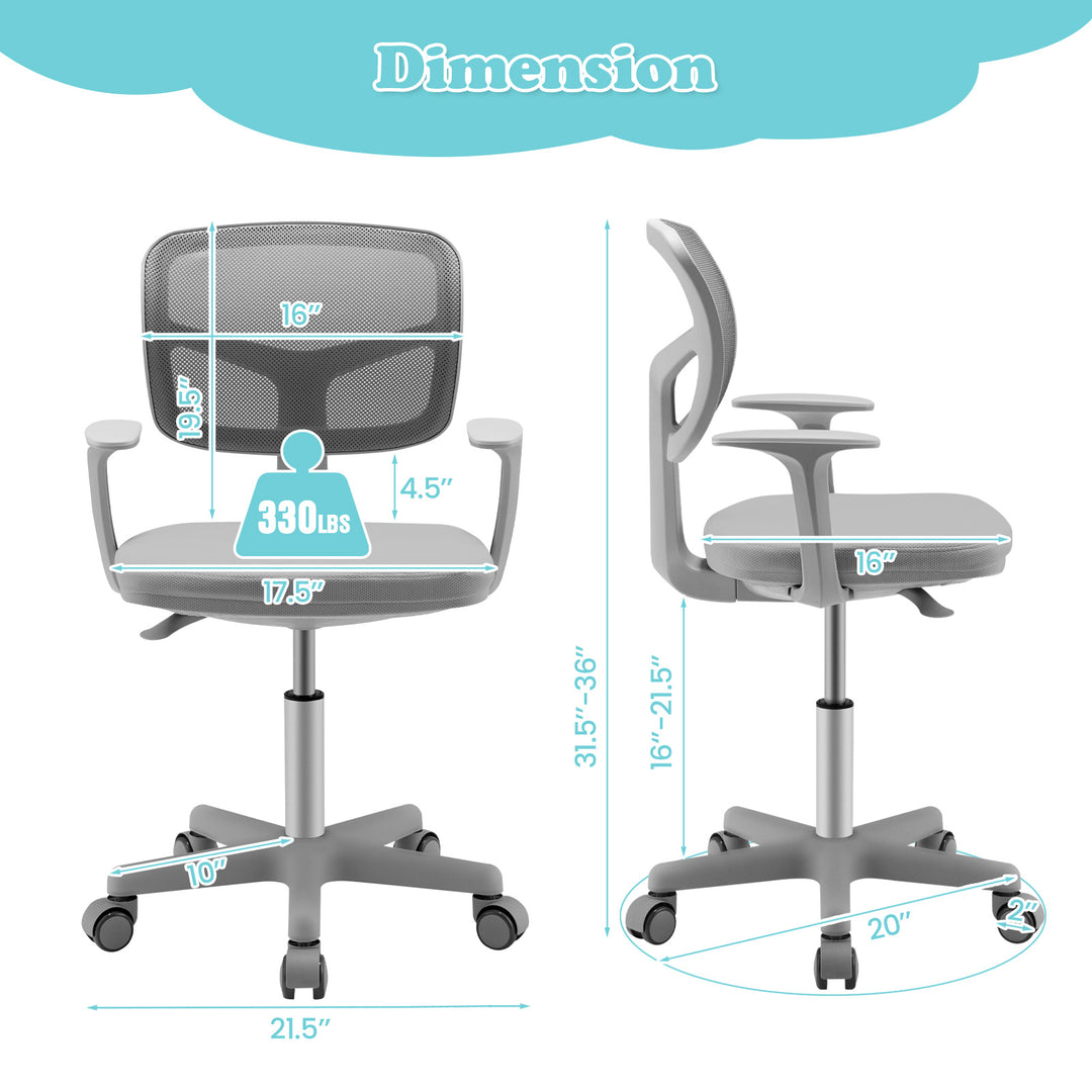 Adjustable Desk Chair with 5 Rolling Casters for Kids-Gray
