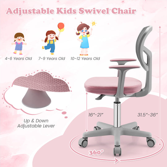 Adjustable Desk Chair with Auto Brake Casters for Kids-Pink