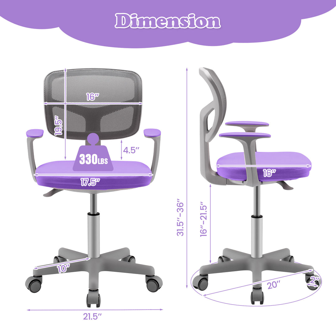 Adjustable Desk Chair with Auto Brake Casters for Kids-Purple