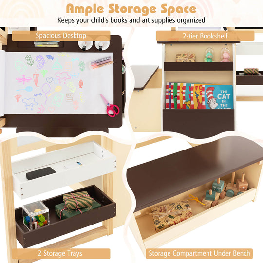 Kids Art Center Wooden Table Bench Set-Brown