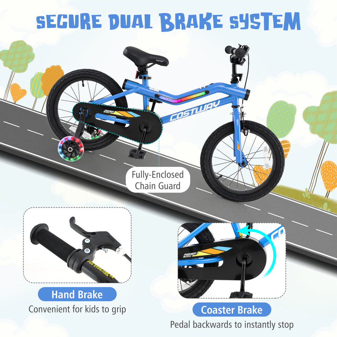 16 Inch Kids Bike LED Lighted Adjustable with Training Wheels for 4-7 Years Old Kids-16 inches