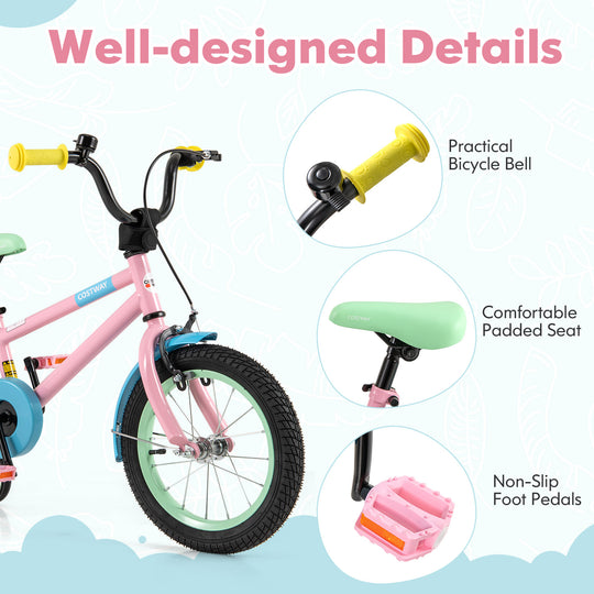 Kids Bike with Adjustable Handlebar and Saddle Pink-14 Inches