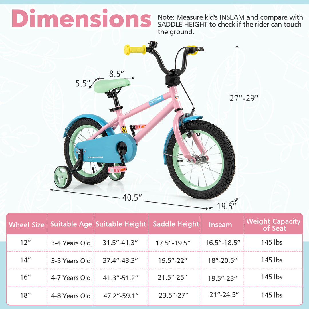 Kids Bike with Adjustable Handlebar and Saddle Pink-14 Inches