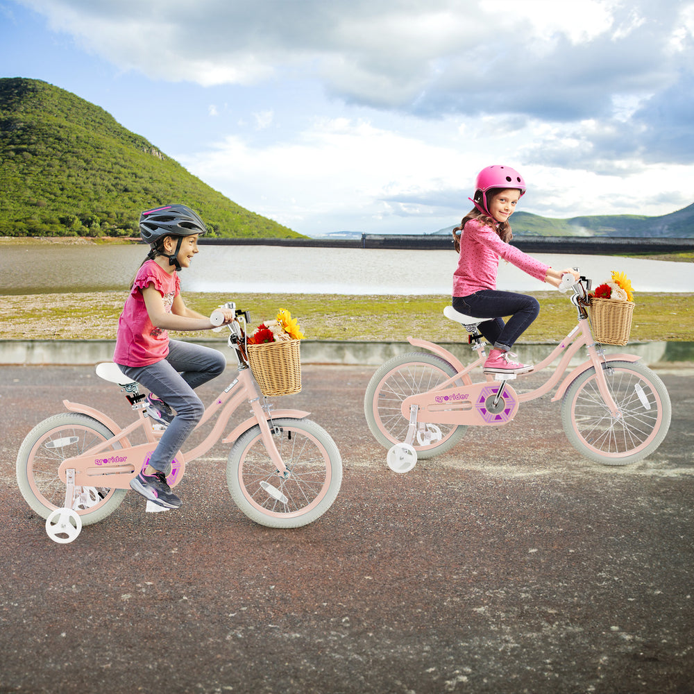 18-Inch Kids Bike with Training Wheels and Adjustable Handlebar Seat-Pink