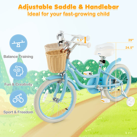 18-Inch Kids Bike with Training Wheels and Adjustable Handlebar Seat-Blue