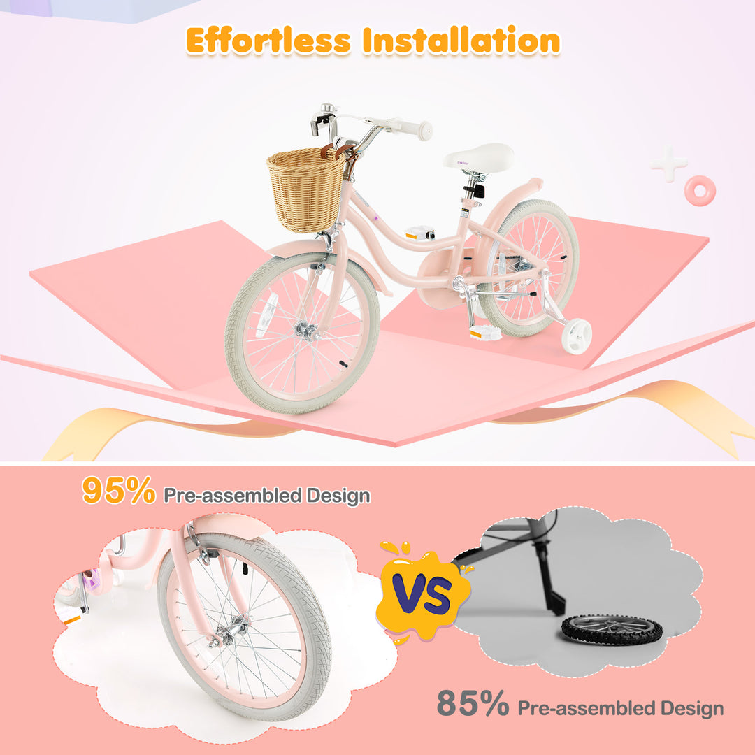18-Inch Kids Bike with Training Wheels and Adjustable Handlebar Seat-Pink